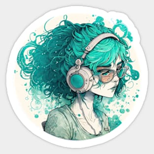 Teal haired woman headphones and glasses Sticker